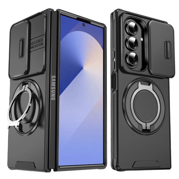 Lunvic for Samsung Galaxy Z Fold8 Ultra Case, Slide Camera Cover, 360 Rotating Magnetic Stand, Tempered Glass Screen Protector Included, Shockproof PC TPU Cover, Black