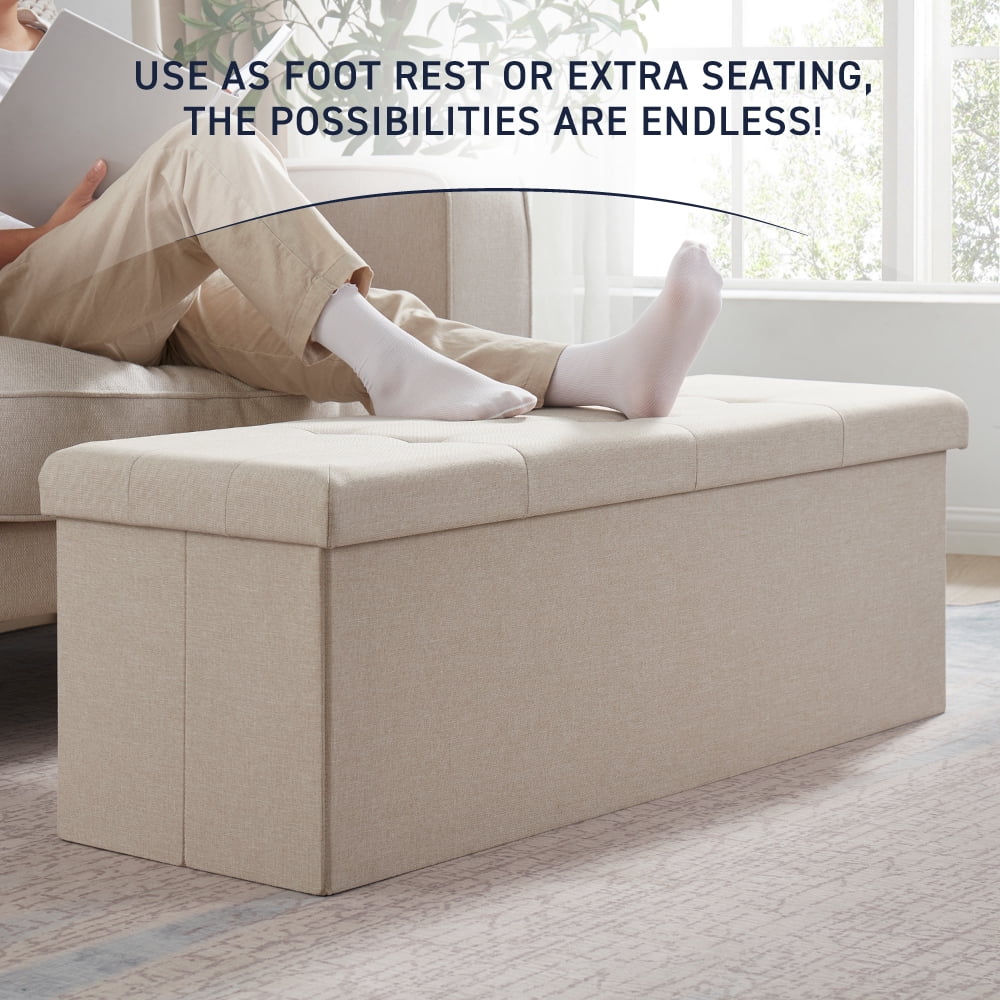 Ornavo Home Foldable Tufted Linen Large Storage Ottoman Bench Foot Rest Stool/Seat - 15" x 43" x 15"