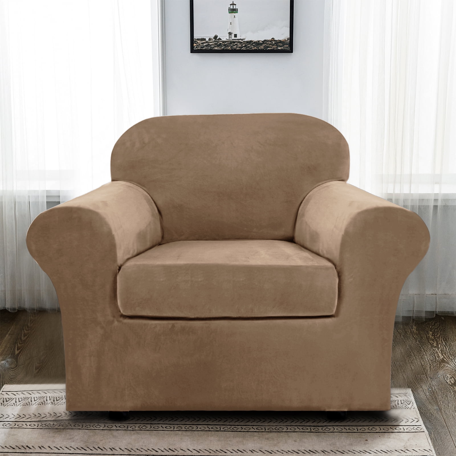 Velvet Plush Sofa Covers, Armhair Loveseat Couch Slipcover with Separate Cushion Cover (Camel, For 3-Seater Sofa)