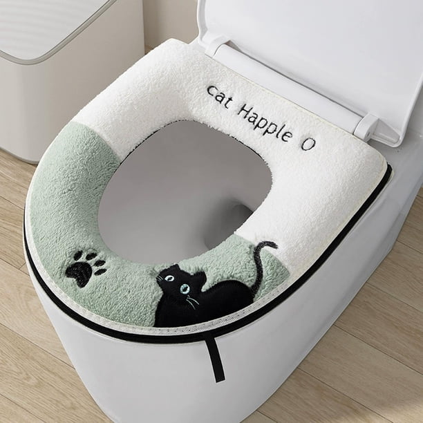 Accesorios de baño Lindos gatos negros Funda de asiento de inodoro de peluche Adorable y cálida Funda de asiento de inodoro Calidez invernal Almohadilla multiusos para asiento de inodoro Funda de asie
