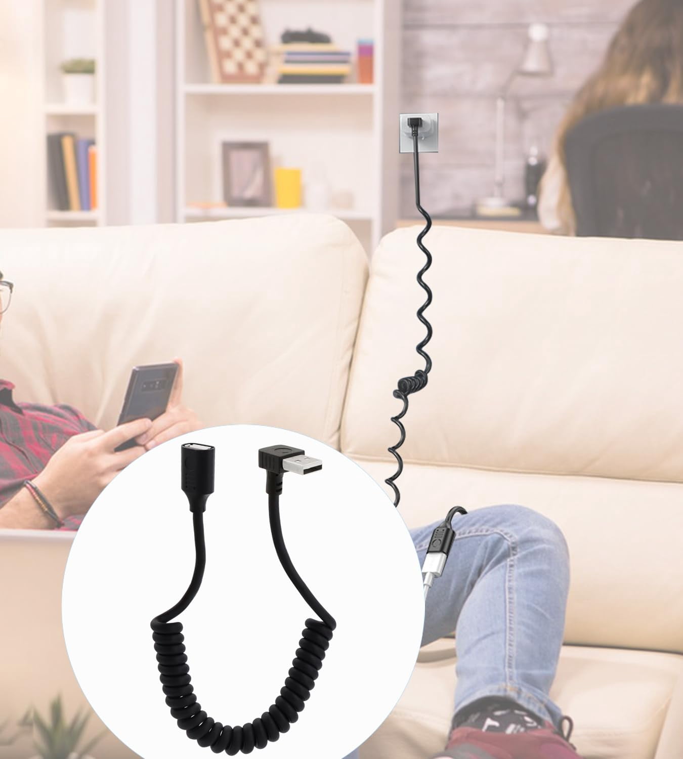 HRTGFD-90 Degree USB 2.0 Male to Female Coiled Cable USB Spring Cable USB 2.0 Extension Cable Retractable USB Data Transmission Cord for PC,Laptop, Cameras, Mouse,Other USB Computers(Up Angle)