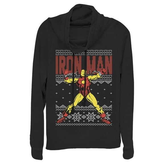 Junior's Marvel Ugly Christmas Iron Man  Cowl Neck Sweatshirt Black Large