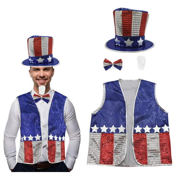 Nicky Bigs Novelties Patriotic Uncle Sam Costume Set for Adults Deluxe Sequin Top Hat American Flag Vest Bowtie & White Beard Red White Blue 4th of July Parade Outfit for Men Women