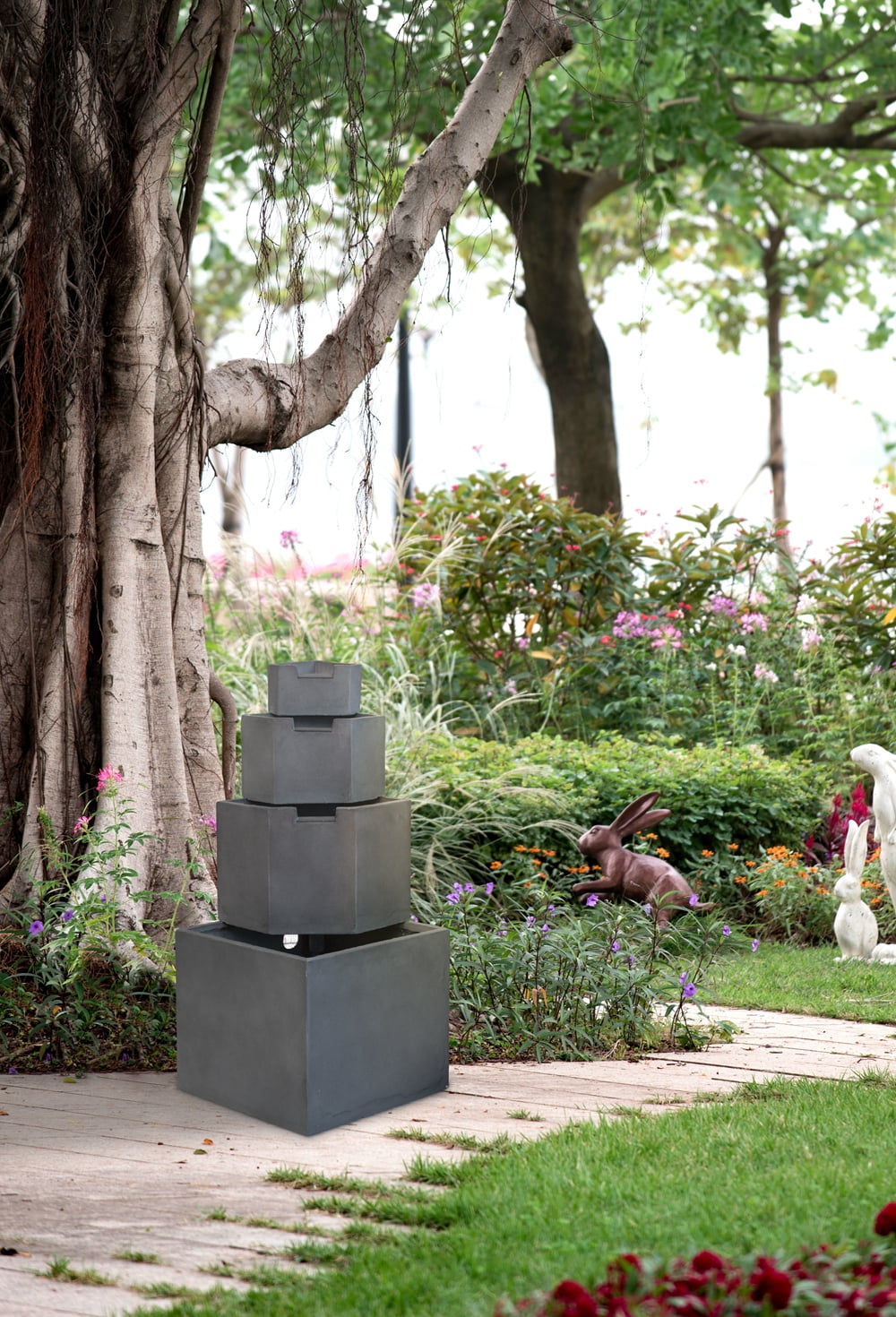 CoSoTower 19.7X19.7X41.7" Gray Cement 4 Tier Block Water Fountain Outdoor