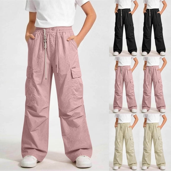 Vornjynx Girls Cotton Cargo Pants High Waist Wide Leg with Pockets Kids Summer Trendy Hiking Pants Black Size 7