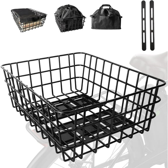Bike Basket Rear,Rear Rack Bike Basket with All-in-One Waterproof Liner and Cargo Net,Heavy Removable Solid Metal Bicycle Basket for Most Bikes and E-Bike