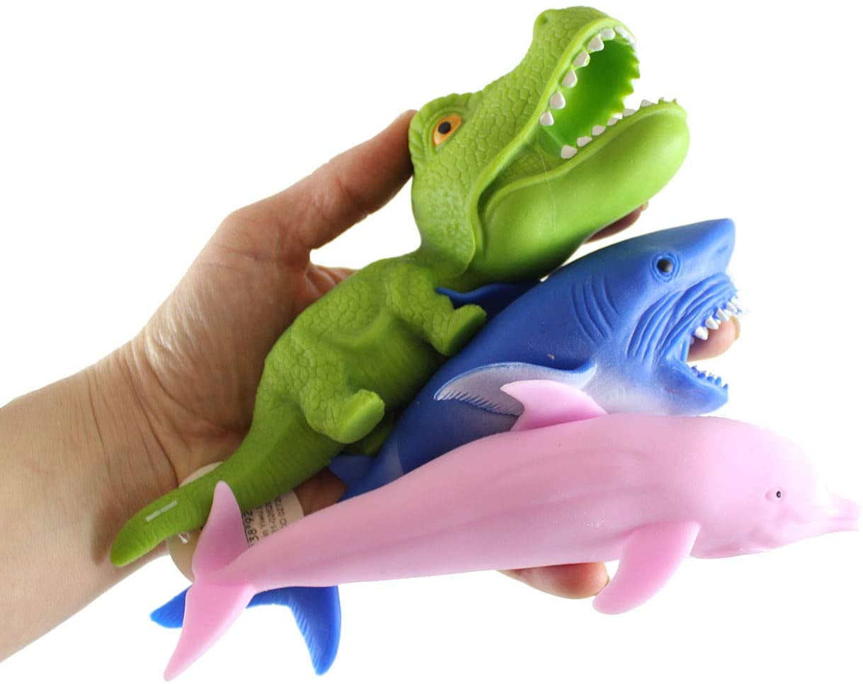 Set of 3 Sand Filled Squishy Animals - Dinosaur, Dolphin, and Shark -  Moldable Sensory, Stress, Squeeze Fidget Toy ADHD Special Needs Soothing  Ocean Animal Dino 