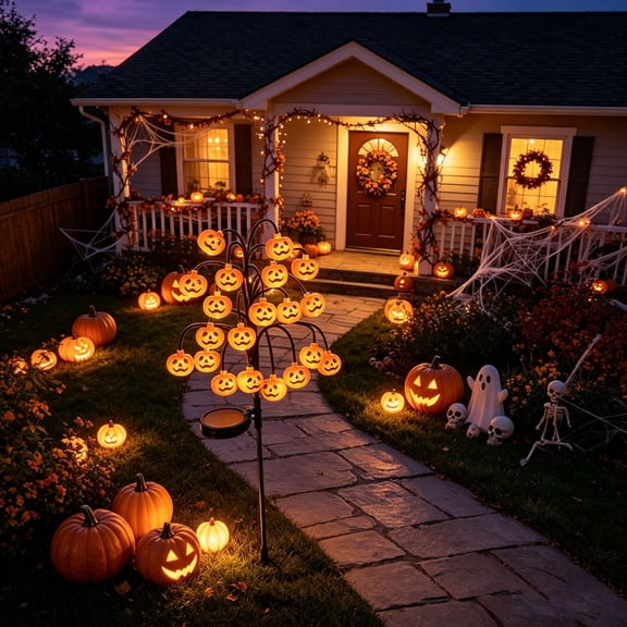 TTJ Halloween Solar Lights Outdoor,20-Light Multi-Branch Ghost Pumpkin Stake Lights,Waterproof LED Solar Yard Decorations for Garden,Walkway,Patio,Porch Decor