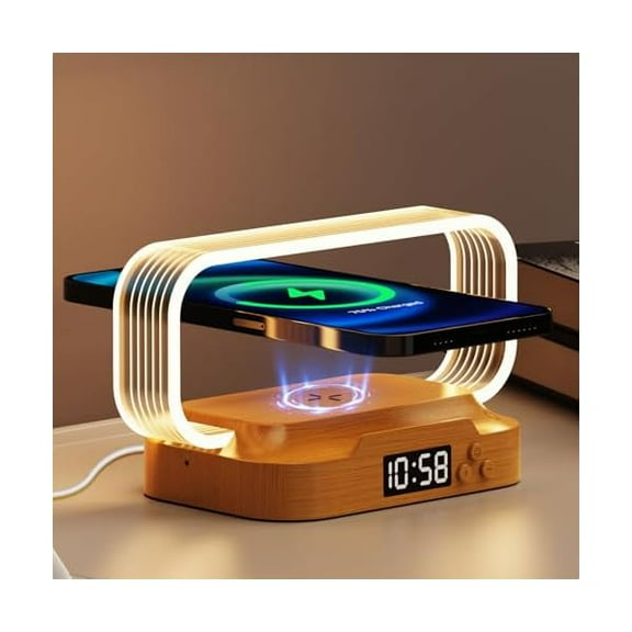 Saluqifa Small Nightstand Lamp with Wireless Charger,Cute Bedside Lamp with Clock,Small Table Lamp for Bedroom,Mini Night Light for Bedroom,Tiny Light as Gift,Stepless Dimmable,3 Color Modes