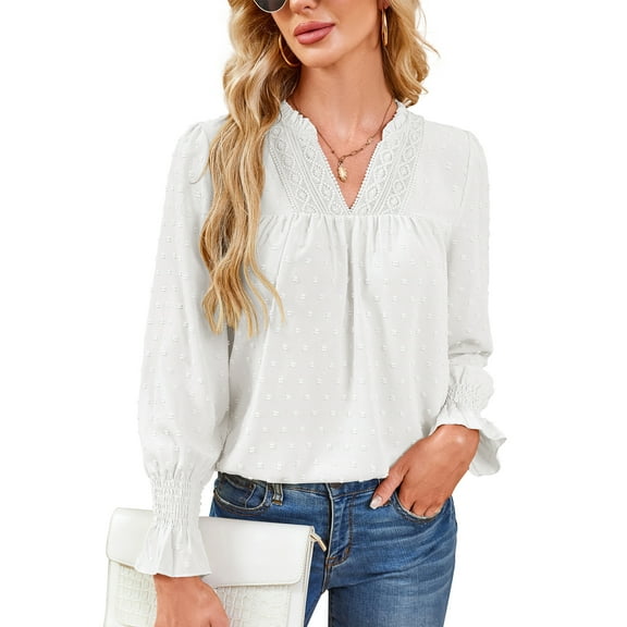 Corabera Boho Tops for Women Ruffle Sleeve V Neck Lace Tops for Women Swiss Dot White Blouses for Women 2025