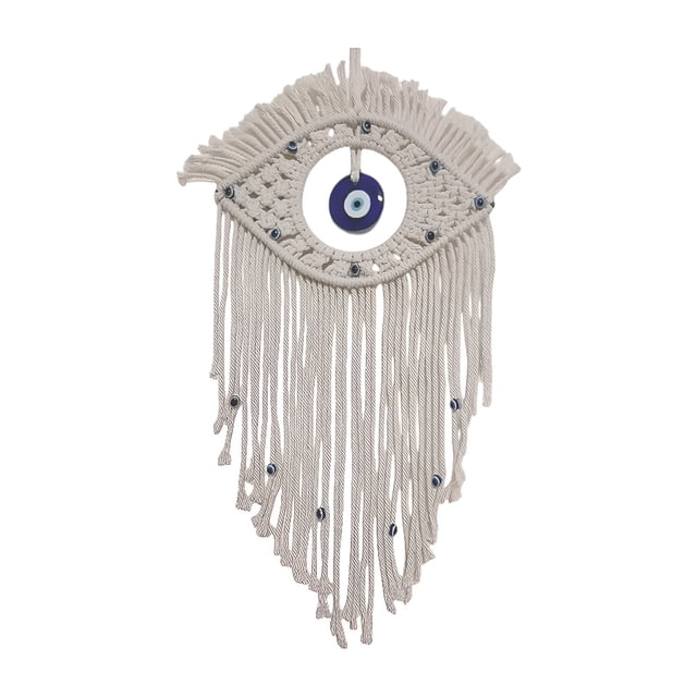 Ilios Innova | Tapiz Colgante de Algodón Boho Ojo Turco Azul Tejido a Mano, Decoración de Pared, Beige con Detalles en Azul, Amuleto Protector para Hogar, Sala, Dormitorio.