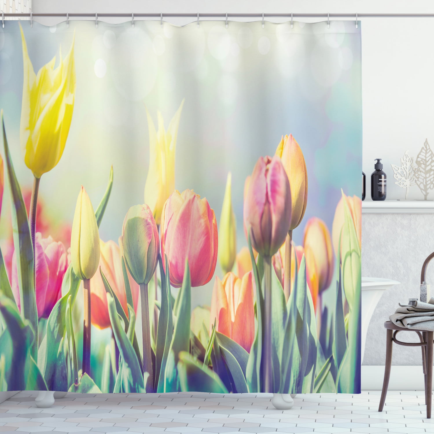 Happy Easter Shower Curtain Hooks Spring Flowers Daisy Tulips Bathroom Decor Mat 