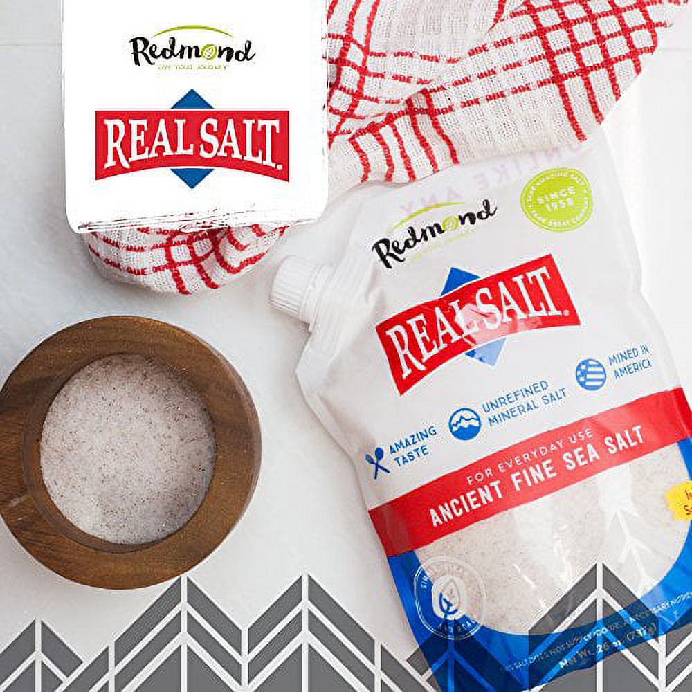 Redmond Real Salt, Ancient Fine Sea Salt, Unrefined Mineral Salt, 26 Ounce Pouch (2 Pack)