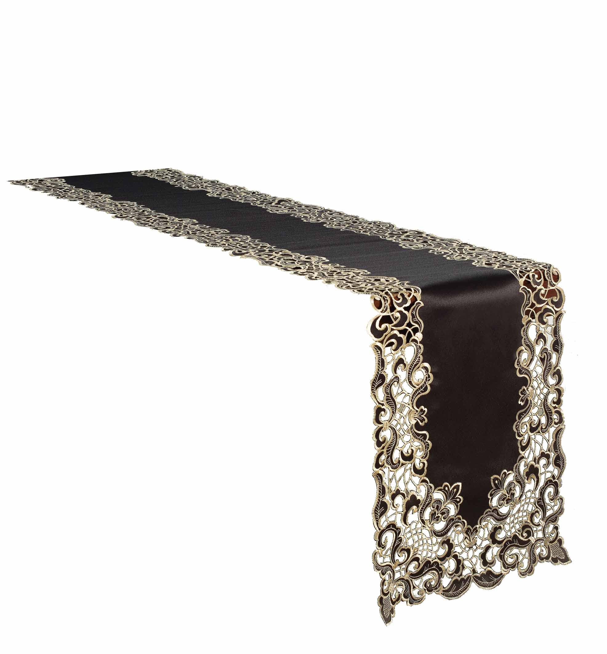Gold Lace Black Table Runner - Dresser Scarf European Embroidery - Perfect for Kitchen Dining Room Home Decor Wedding Receptions - 14 x 108 inches - The Granada Collection