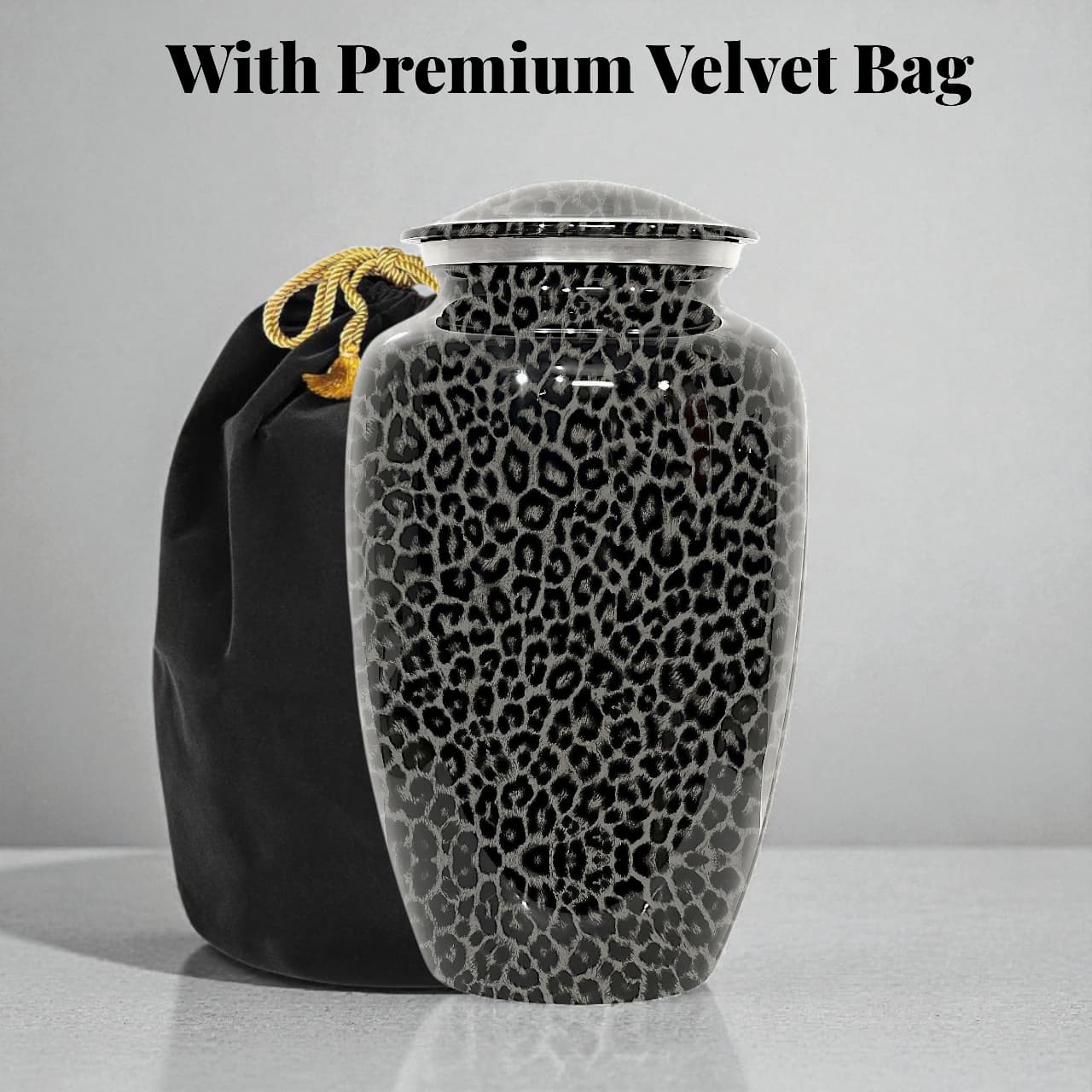 Elegant Cremation Urn For Human Ashes,  Adult Size Urn For Ashes, Grey Leopard Print Pattern, Holds Upto 200 cubic Ashes, With Velvet Bag