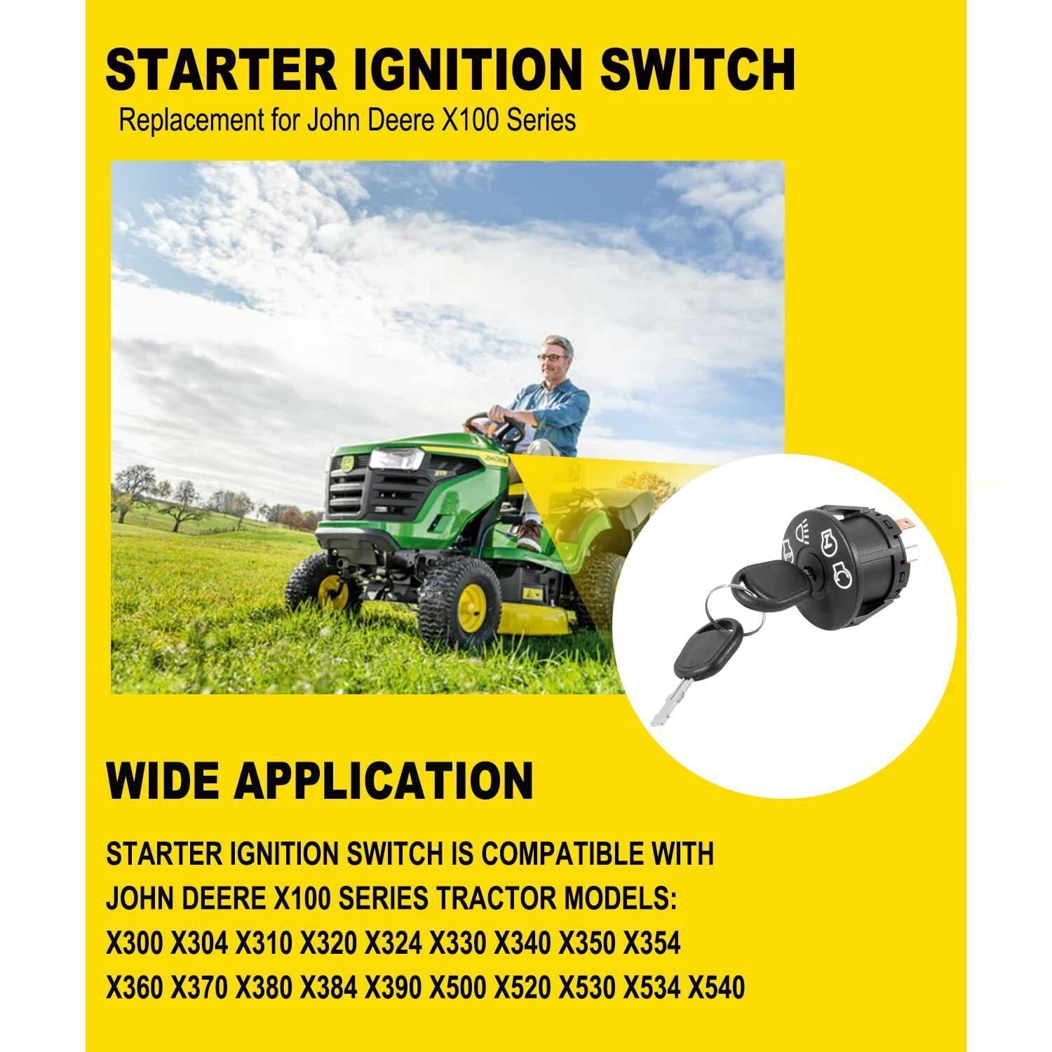 Ignition Switch for John Deere X100 X350 X354 X360 X370 X380 X384 X540 w/2 Keys
