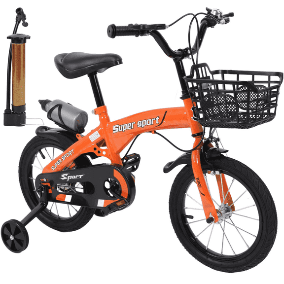 16" Kids Bike with Training Wheels, Height Adjustable Kid's Bicycle with Basket/Water Bottle/Bell, Gifts for Girls Boys Toddlers Kids 3-8 YO