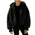 thumbnail image 3 of Fartey Fuzzy Fleece Jacket for Women Trendy Long Sleeve Zip Up Cropped Warm Hoodie Coat Solid Color Fall Winter Going Out Outwear with Pockets Black XL, 3 of 9