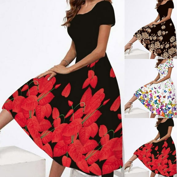 Jacenvly New Dresses for Women Short Sleeve Round Neck Casual Fashion Party Daily Elegant Printing Dress Comfort Fit Summer Dresses for Women 2024 Trendy Black
