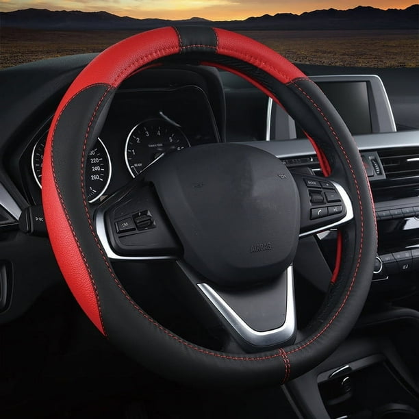 Funda de volante universal en piel de microfibra negra y roja, 1 pieza, transpirable y antideslizante, 38cm, suave y cómoda, funda de volante duradera