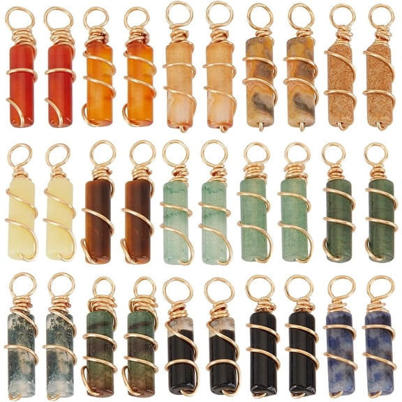 30Pcs 15 Styles Natural Mixed Stone Pendants Column Charms with Golden Tone Copper Wire Wrapped Mixed Dyed and Undyed Mixed Color 2.1cm Hole: 3mm 2pcs/color