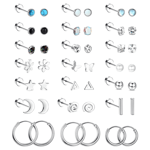 DESIGNICE 21 Pairs Flatback Stud Earrings for Women 316L Surgical Steel Hypoallergenic CZ Cartilage Earrings Silver Flat Back Studs for Sensitive Ears Tragus Lobe