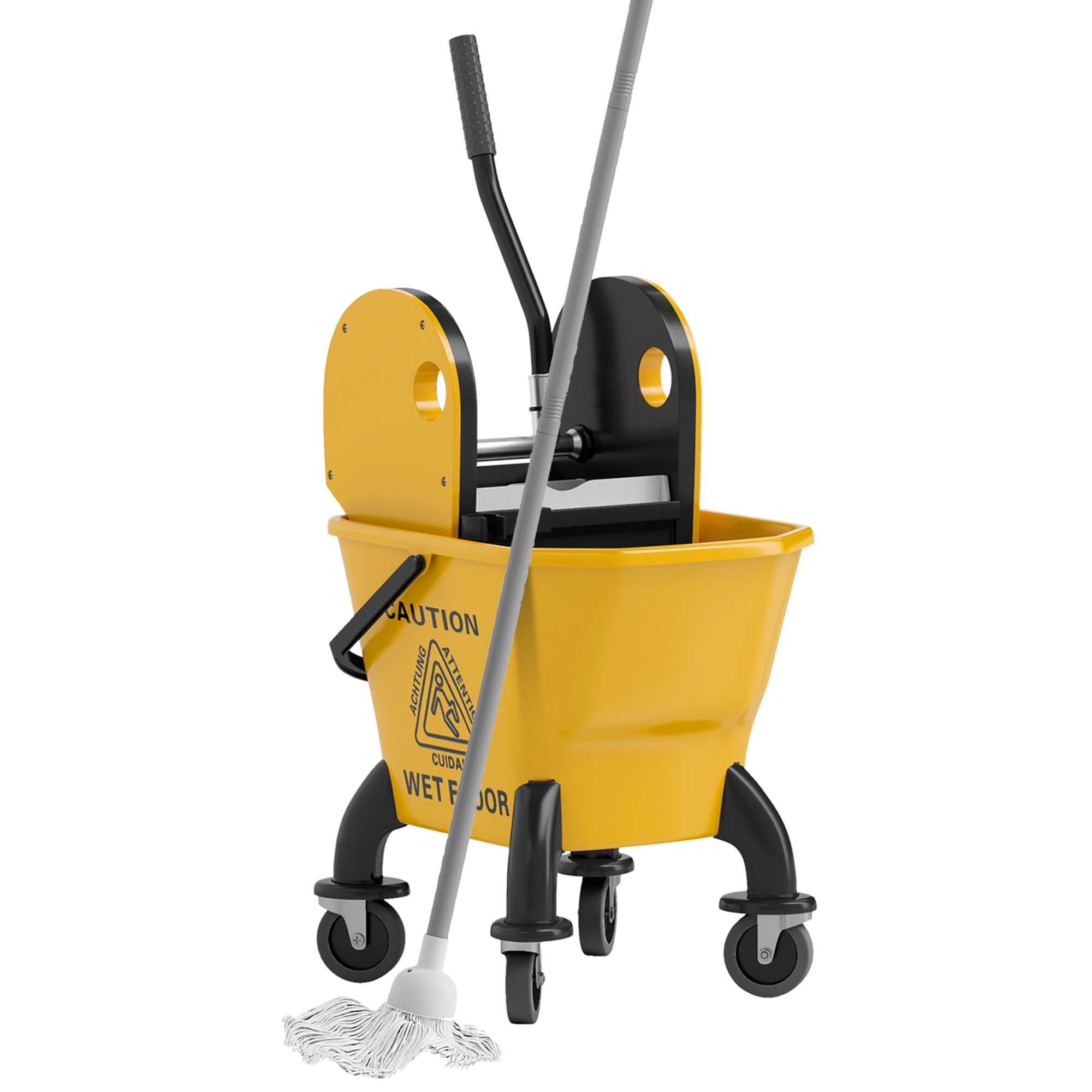 HOMCOM Mop Bucket with Wringer on Wheels for Floor Cleaning, 27.5 Quart Down Press Wringer with Handle and Mop, Yellow