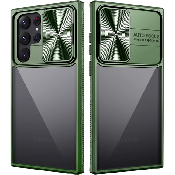for Samsung Galaxy S22 Ultra Case with Camera Cover, Clear Hard Back Cover & Soft Edges, Military Protective Non-slip Shockproof Phone Case (Green)