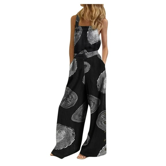 Aayomet Jumpsuit For Women Women's Sleeveless Overalls Jumpsuit Casual Print Summer Wide Leg Bib Pants,Black XXL