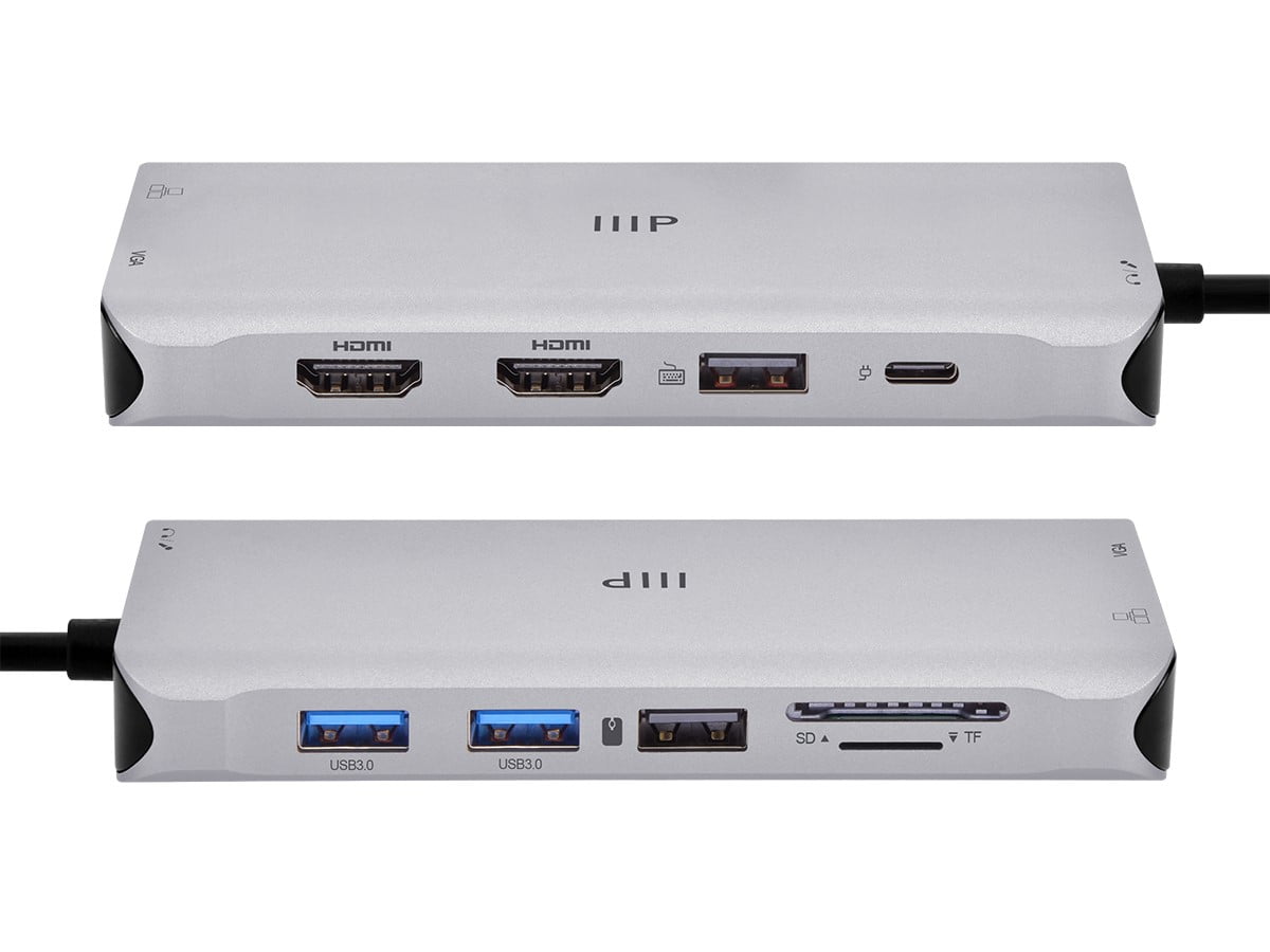 Monoprice 12-in-1 Dual-HDMI + VGA MST Triple Monitor Docking Station, Dual 4K HDMI, VGA, 5Gbps USB‑A, Gigabit Ethernet, SD/MicroSD Readers, 100W PD, 3.5mm Dual Audio/Microphone Jack
