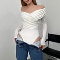 thumbnail image 2 of Women's Jumpsuits Casual V Neck Off Shoulder Patchwork Long Sleeves Slim Fit Romper,White,L, 2 of 6