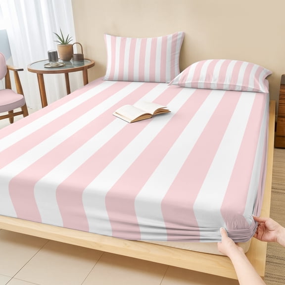 Cal.King Size Fitted Sheet Set - Pink Striped 3 Piece Bedding Sets 16" Deep Pocket Fitted Sheet with 2 Pillowcases, Modern Farmhouse Pink White Stripes Brushed Microfiber Hotel Luxury Bed Sheets
