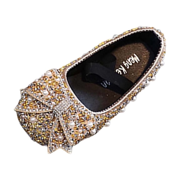 Floleo Girls' Rhinestone Pearl Bow Ballet Flats Elastic Strap Bling Sequin Princess Shoes for Toddlers & Little Girls Birthdays Weddings and Special Events(Gold,2-2.5 Years)