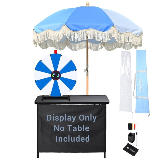 WinSpin 24" Modular Prize Wheel Tabletop with Palm Springs Blue Fringe Umbrella for Outdoor Pop-up Shop Craft Booth