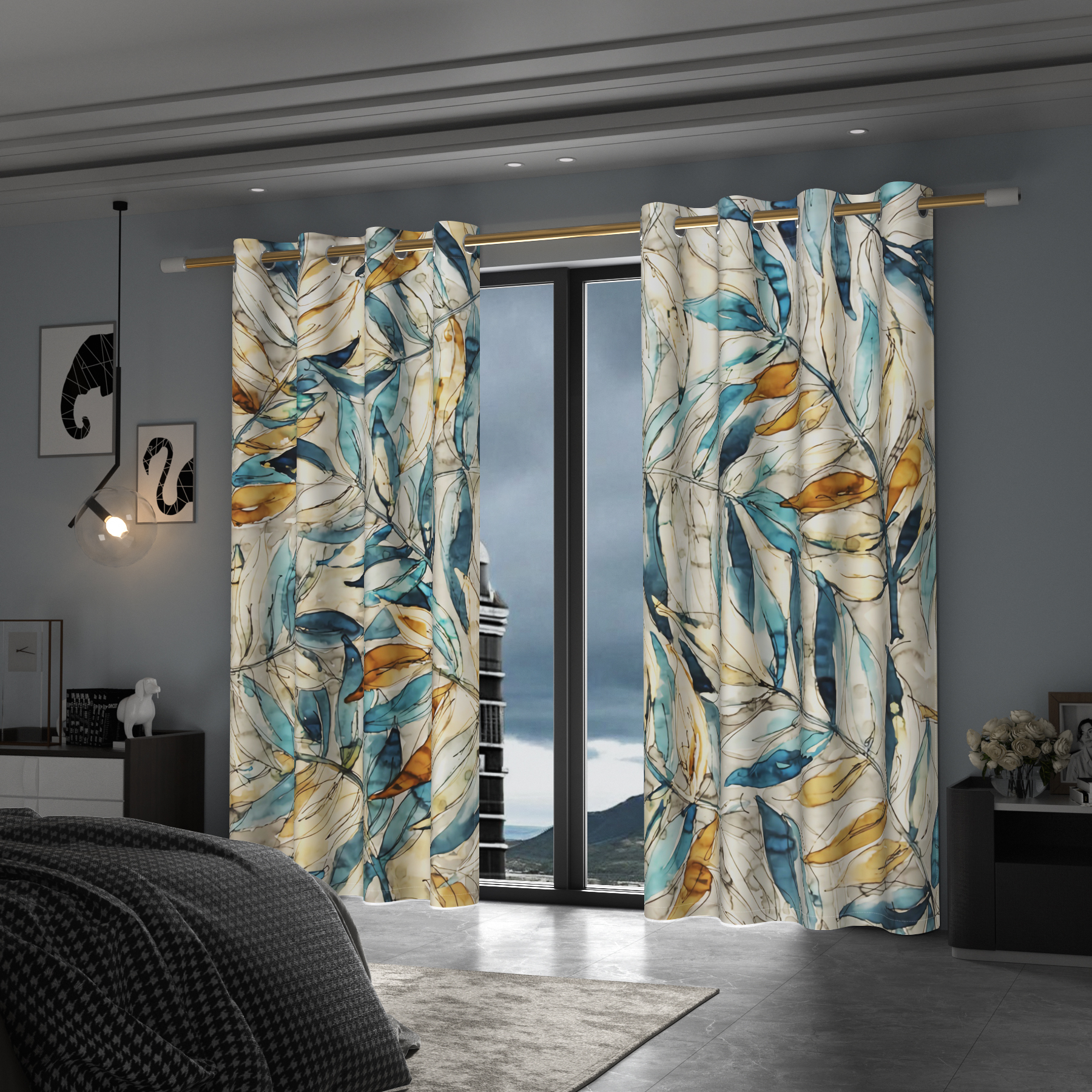 Lfeey Watercolor Leaves Print Blackout Curtains 84 in Long, Window Drape for Bedroom Living Room, 2 Panels