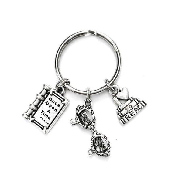 Book Lover themed keychain. Books with I Love to Read, Reading Glasses, and Once Upon a Time charms. Book worm, Librarian, Avid Reader gift.