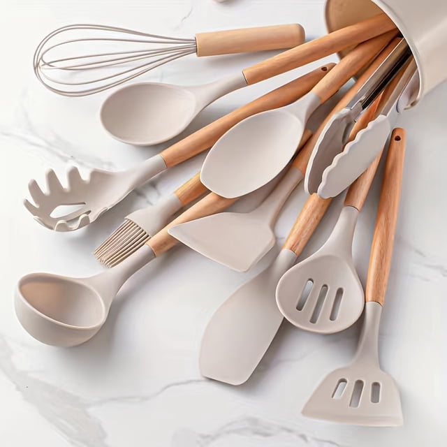 JUNWELL 12pcs/set Silicone Utensil Set Kitchen Utensil Set Safety Cooking Utensils Set Non-Stick Cooking Utensils Set With Wooden Handle Washable Modern Cookware Kitchen Stuff Kitc