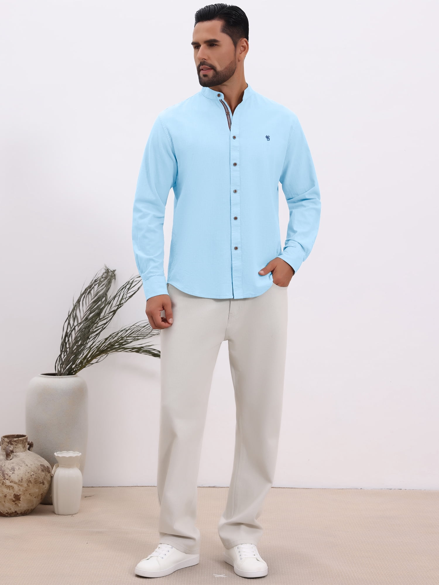 DARING DIVA Men's Stand Collar Long Sleeves Button Down Linen Shirts S Light Blue