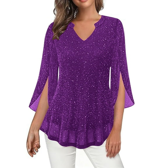 VINUSLI Womens Sequin Tops Night Out 3/4 Ruffle Sleeve Sparkly Blouse V Neck Dressy Casual Elegant Evening Party Formal Shirts Purple,L