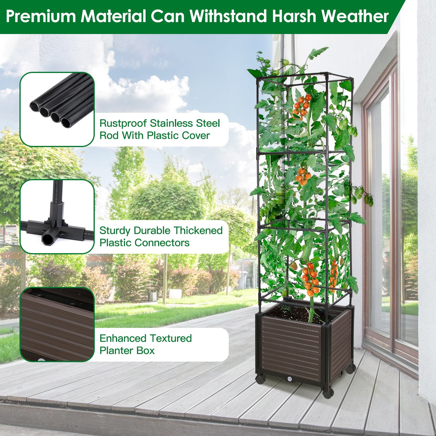 Large Tall Raised Garden Bed with Trellis for Climbing Plants, 63in Expandable Vertical Planter with 4 Lockable Wheels Outdoor Indoor Planter Box for Vines Tomatoes Cucumbers on Patio, Balcony Deck