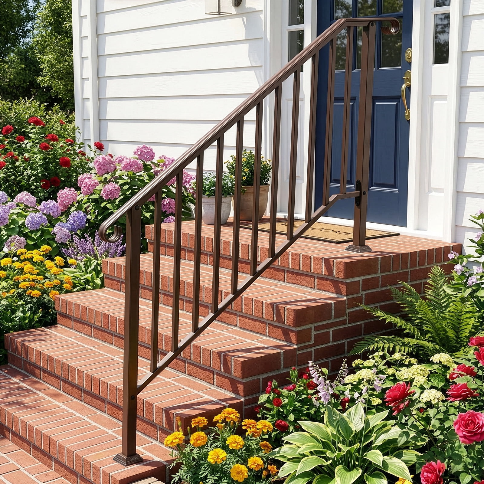 Copper Galvanized Iron Stair Handrail Curved Step Railing Fit 4-5 Steps Outdoor Garden Steps Non-Rust Powder Coated Safety Picket Rail With Installation Hardware