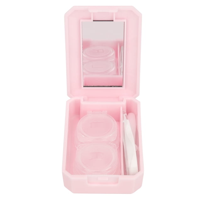 Caja para lentes de contacto, recipiente para remojar lentes de contacto con espejo, pinzas y herramienta para quitarlos, color rosa