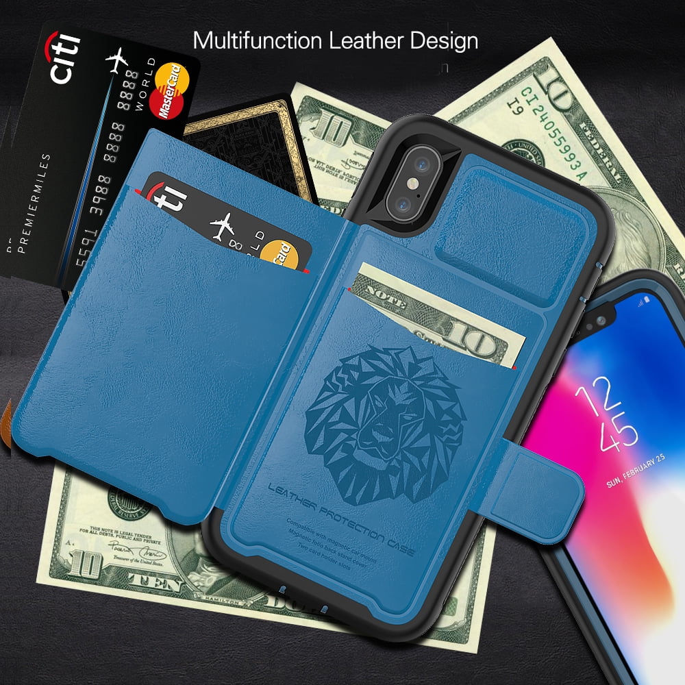 BUNDLE: Kona Vegan Leather Folio Wallet Case (Blue) & Selfie Stick Mini Tripod 2.0 (Silver) for Apple iPhone XS / X - Kickstand, Card Slots, Car Mount Compatible, Magnetic Closure