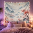 thumbnail image 2 of Pink Blossoms Beside Blue-Gray Mountains and Water, Serene Watercolor for Nature Lovers, Landscape Decor, New Home Gift, Tapestry Wall Hanging for Bedroom and Living Room, 2 of 7