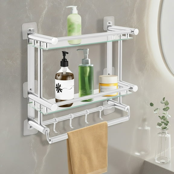 Bathroom Shelf Tempered Glass Floating Shelves Wall Mounted Stainless Steel Rack