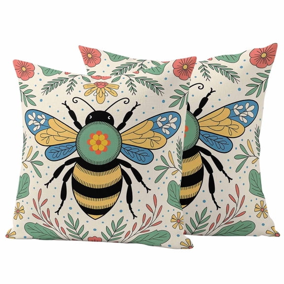 2 Pack Outdoor Waterproof Throw Pillow Covers,Farm Bee Flower Leaves Decorative Square Pillow Case Patio Pillowcases for Chair Couch Sofa 16x16in