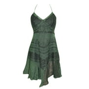 Mogul Women's Cocktail Dress Stonewashed Embroidered Adjustable Halter Green Sundress