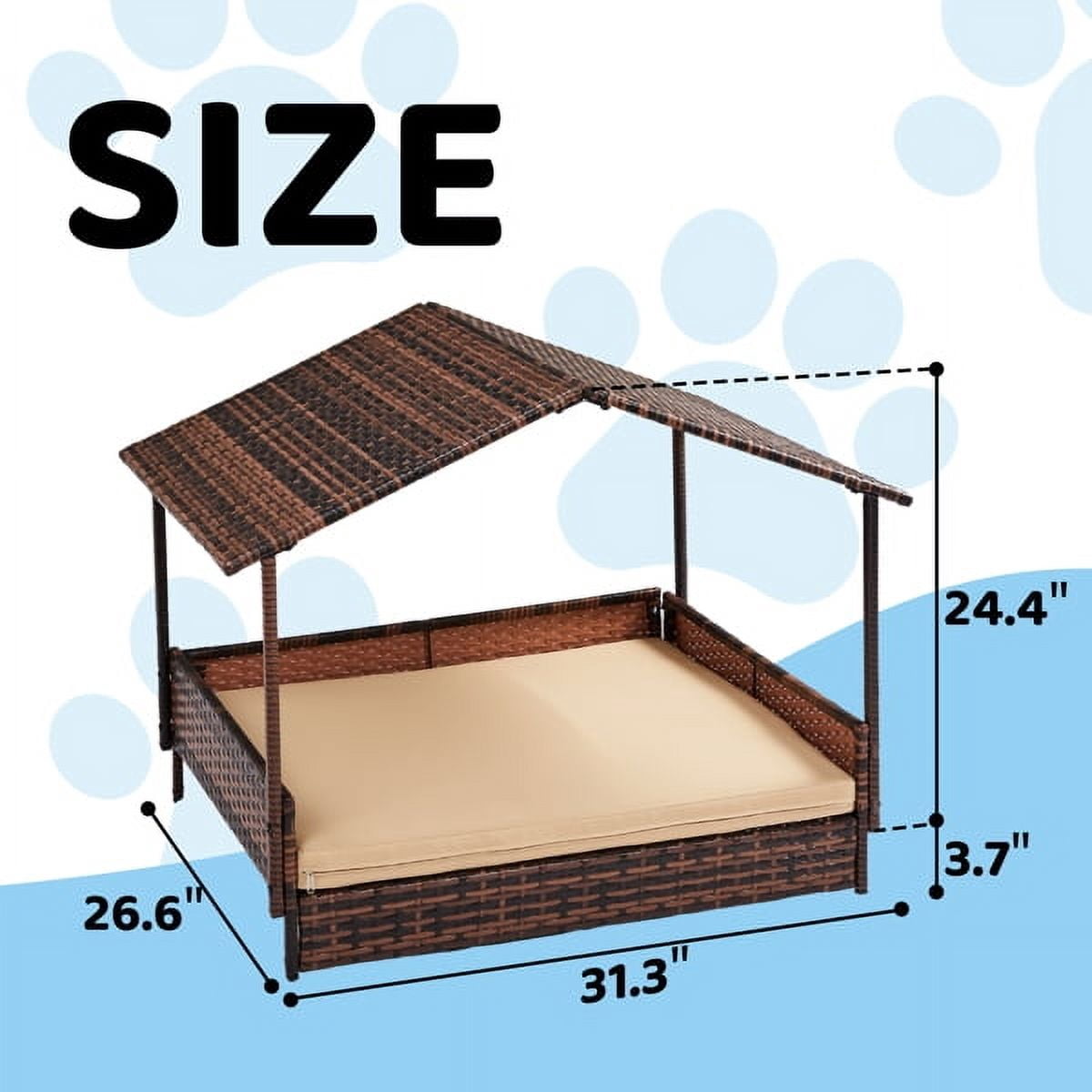 Dog House, Elevated Rattan Dog Bed with Canopy and Washable Cushion Cover, Indoor Outdoor Raised Pet House for Small Medium Dogs Cats, Brown