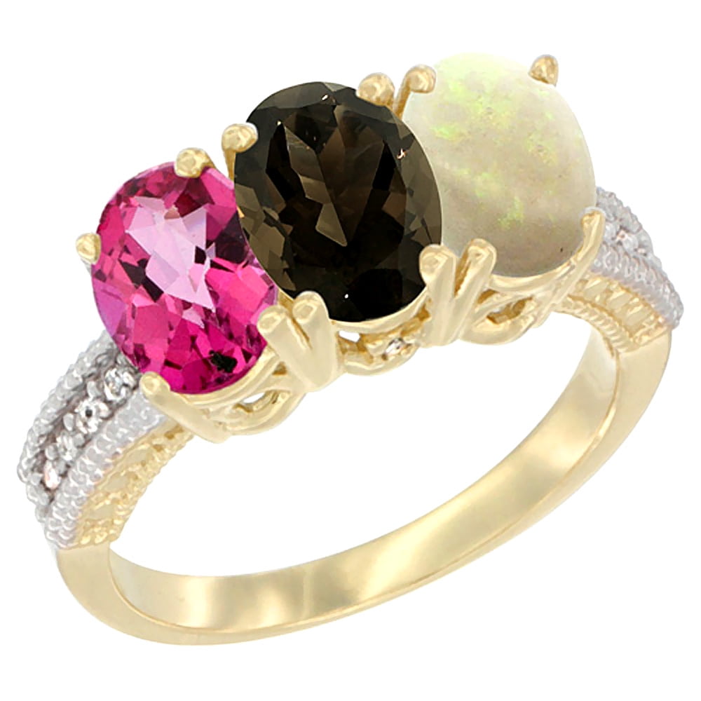 14K Yellow Gold Natural Pink Topaz, Smoky Topaz & Opal Ring 3-Stone 7x5 mm Oval Diamond Accent, sizes 5 10 by WorldJewels