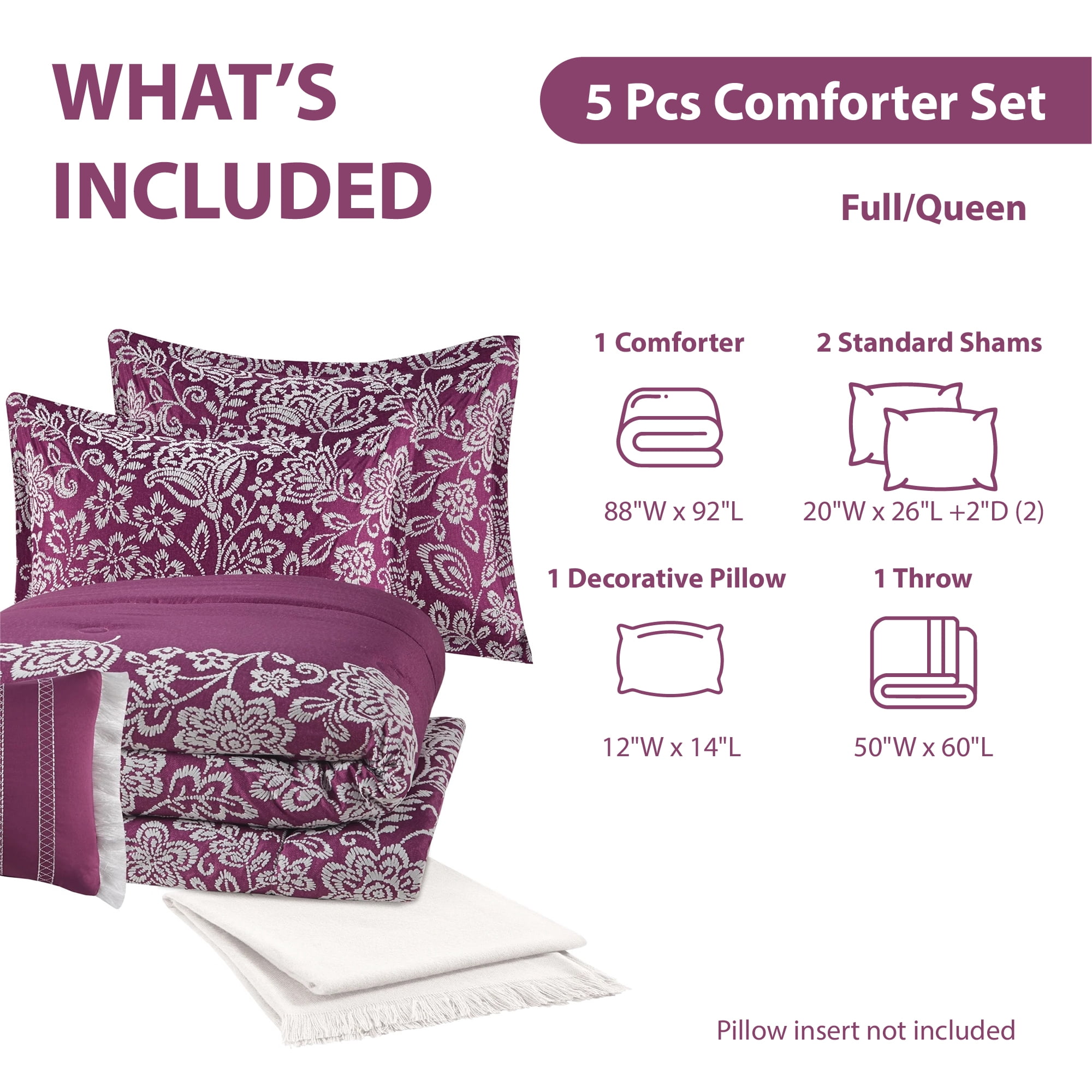 Mainstays 5-Piece Jacquard Comforter Set with Decor Pillow and Throw Purple Flocking Embroidery Bedding Set, Full/Queen